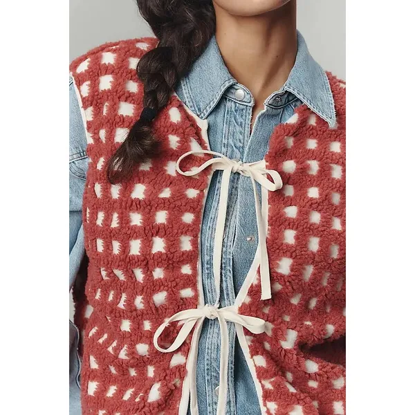 Anthropologie Red Checkered Fleece Tie Front Vest One Size OS JK THINGS VEST - Image 4