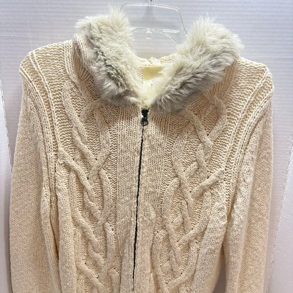 Vtg Old Navy Cable Knit Sweater Zip Up Faux Fur Collar Cream Beige Y2K XL - Image 2