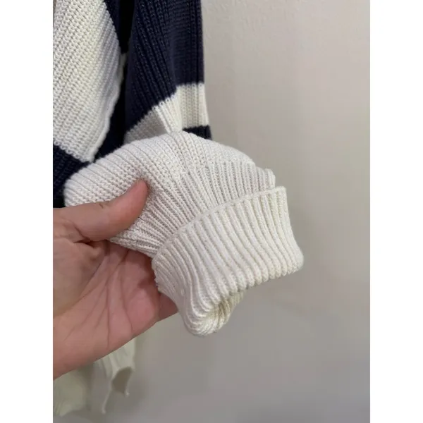 Aerie Oversized Quarter Zip Striped Cotton Sweater XL Navy Blue Cream Slouchy - Image 4