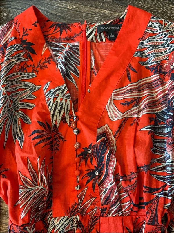 Banana Republic Mini Dress Womens S Red Excellent Tropical Balloon Sleeve Belted - Image 5