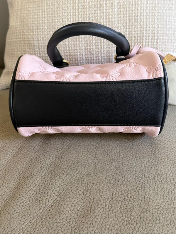 Betsey Johnson Quilted Pink Dome Satchel with Black Handles Bow Detail and Charm - Image 7