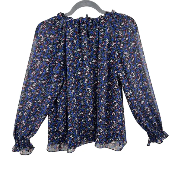 Sam‎ Edelman Tie Neck Woven Lined Blue Floral Ruffled Long Sleeve Blouse Size M - Image 2