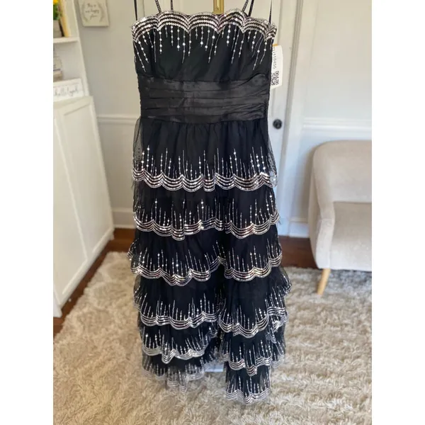 Vintage Masquerade‎ Maxi Prom Dress Black Sequin Tiered Formal Quinceanera Glam - Image 2