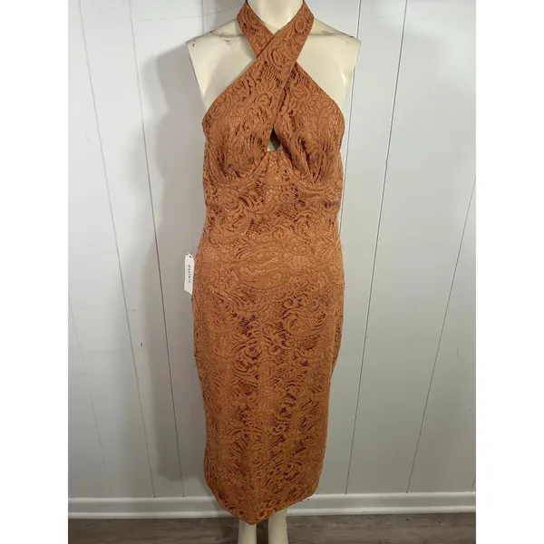 Bardot Women's Riviera CrossoverHalter Neck Lace Corset Dress in Rust. XL. NWT - Image 6