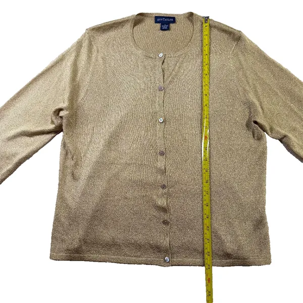 Ann Taylor Gold Shimmer Knit Crewneck Cardigan Sweater Women's Large EUC - Image 7