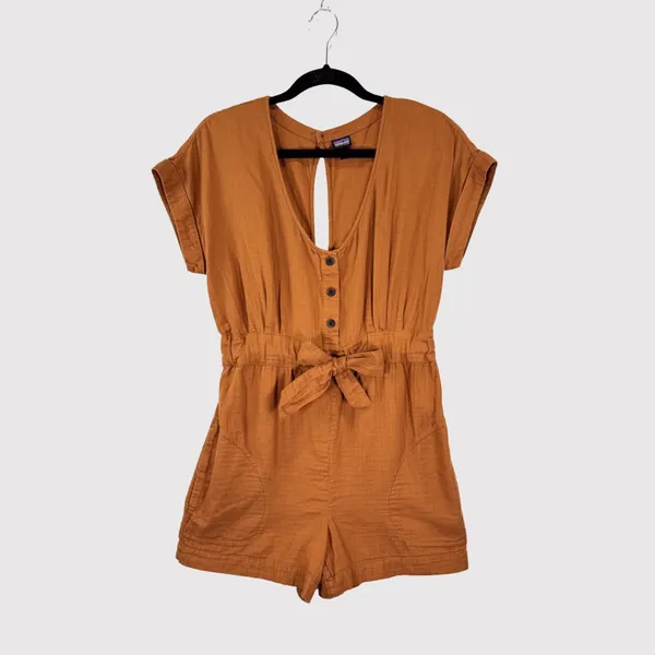 Patagonia Womens Romper Brown V Neck Organic Cotton Gauze Playsuit Tie Bow XS - Image 2