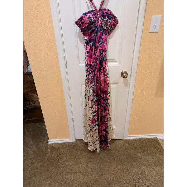 La Femme Multicolor Floral Rhinestone Embellished Halter Evening Gown EUC Sz 0 - Image 7