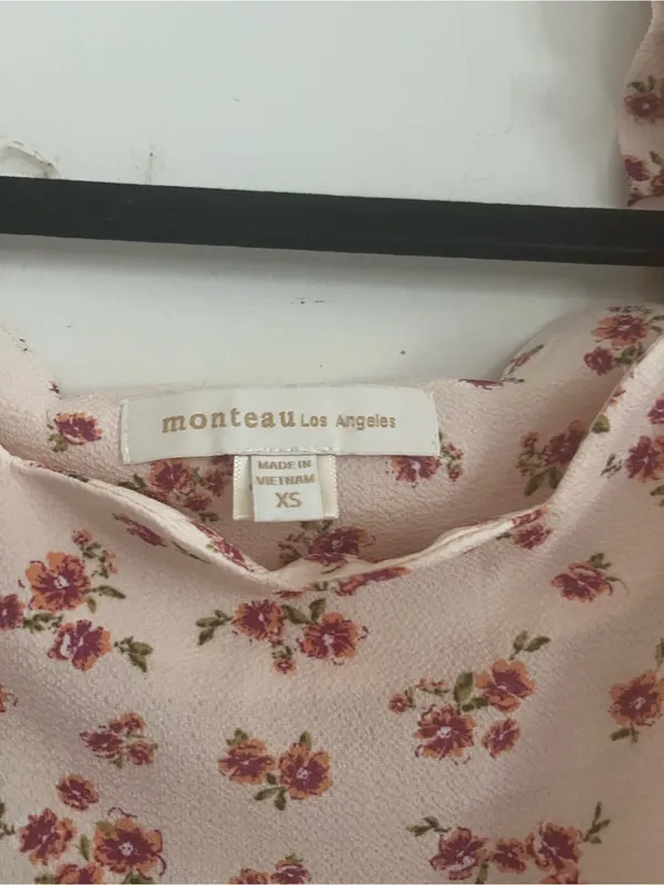 Monteau Cream Pink Cottagecore Floral Puff Sleeve Midi Dress XS Prairie Romantic - Image 2