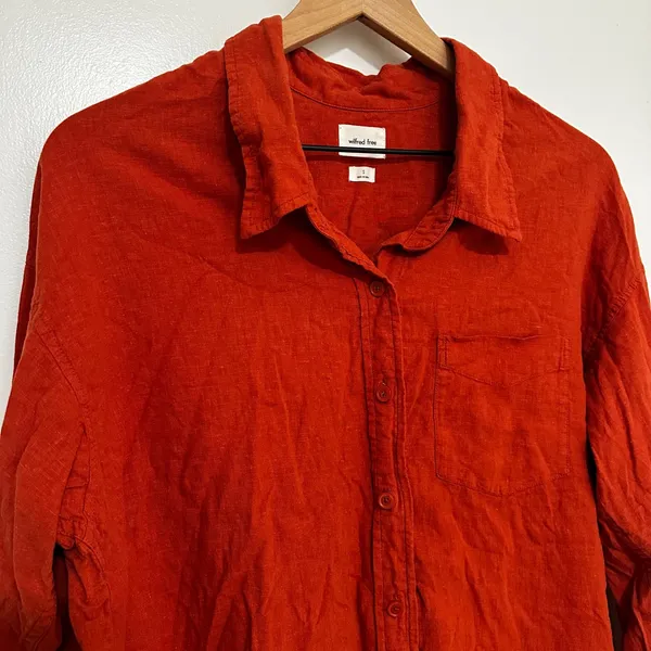 Wilfred Free x Aritzia | Women's Linen Blend Orange Red Button Down Shirt, S - Image 3