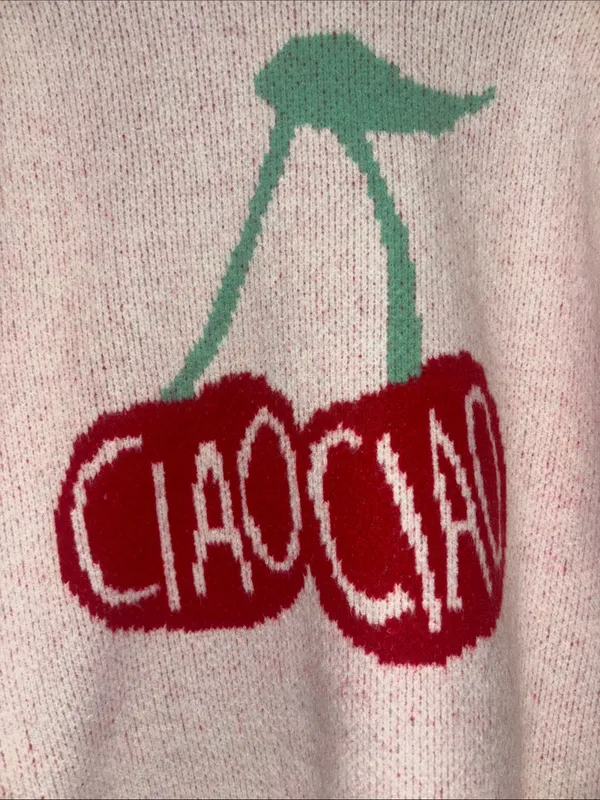 A New Day…Soft White And Pink Knit Pull Over Sweater With Red Cherry Graphic Nwt - Image 2