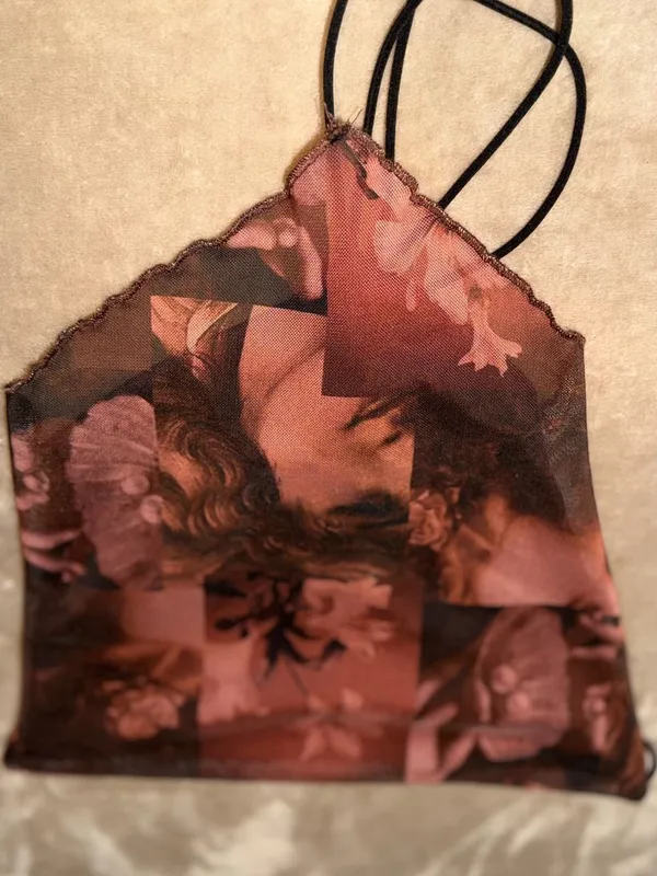 SHEIN Brown Art Print Asymmetric Cowl Crop Top - Image 2