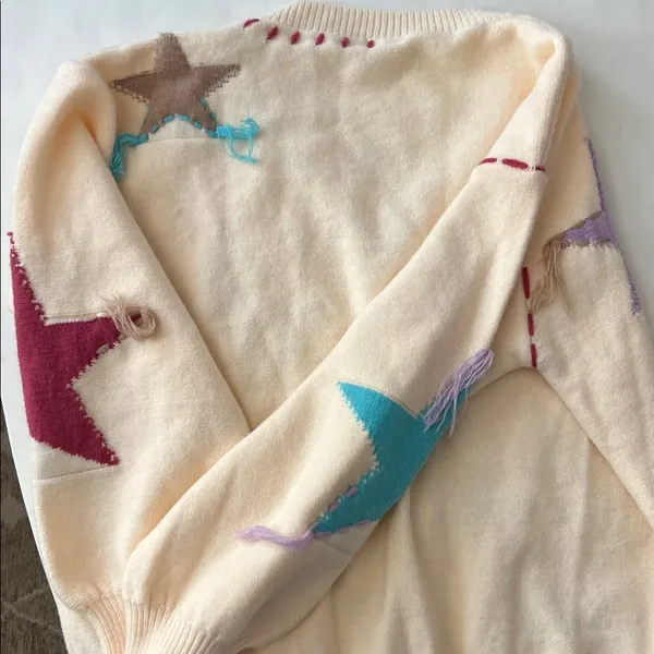 POL Patchwork Star Sweater - Beige V Neck Thick Knit Size Medium - Image 8
