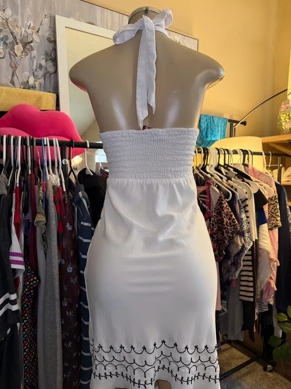 VTG Uluwatu Bali Handmade Lace Embroidered Halter Maxi Dres Size S Boho - Image 4