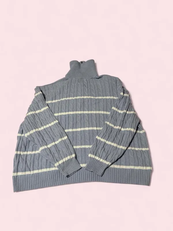 Hollister Blue Cable-Knit Half-Zip Turtleneck with Cream Stripes - Image 2
