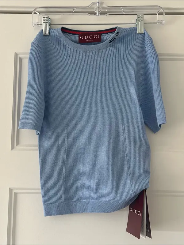 NWT Gucci Blue Wool & Silk Knit Short Sleeve Top Women Size S - Image 2