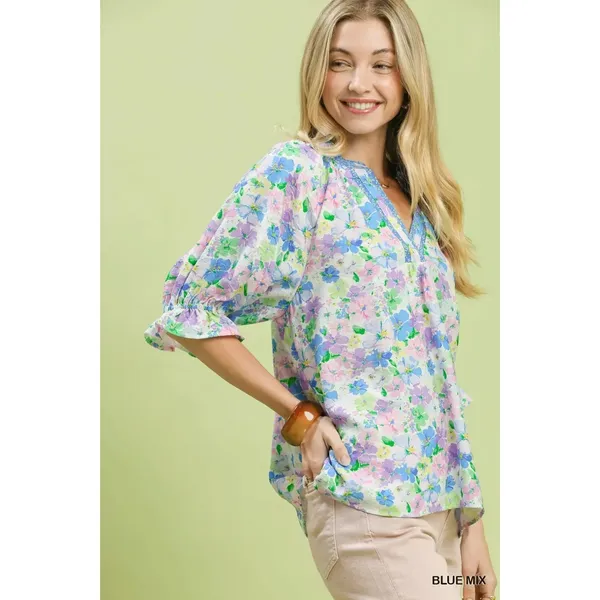 Umgee Mix Floral Print Ruffle Top - Blue mix -‎ Small - Image 2