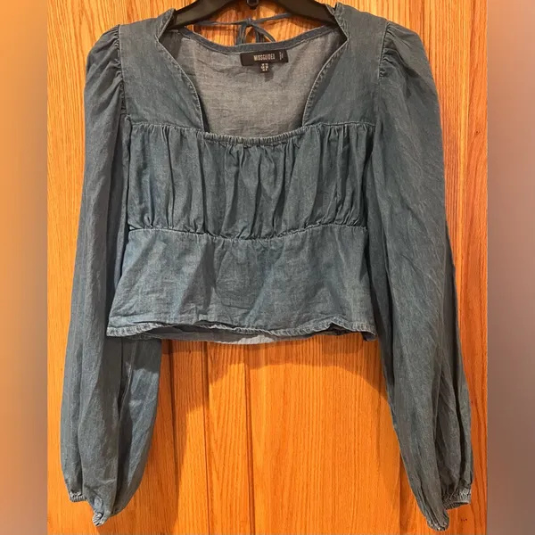 Missguided Tie Front Square Neck Volume Sleeve Denim Crop Top‎ Deep Blue Size 6 - Image 5