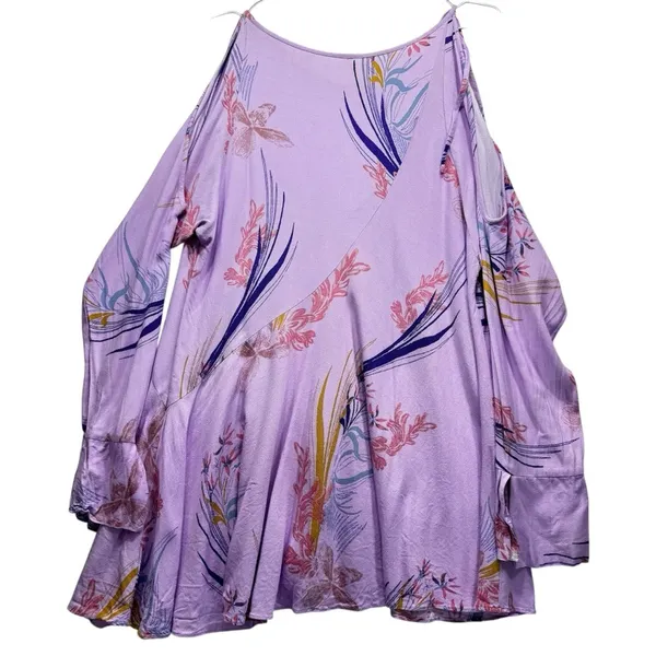 Free People Lavender Boho Tunic Open Shoulder Tie Bell Sleeves Gauzy Flowy Fairy - Image 2