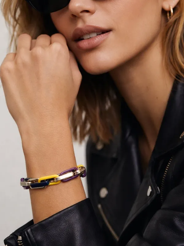NWOB Marilyn Schiff Multicolor Enamel Link Bracelet | Gold Tone Statement Piece - Image 5
