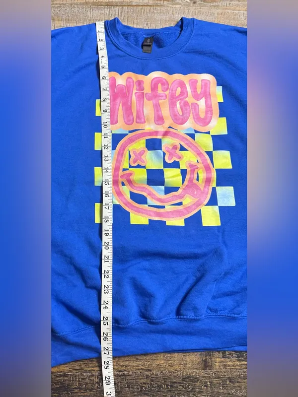 Gildan Royal Blue 'Wifey' Graphic Sweatshirt with Neon Pink and Yellow Print - Image 7