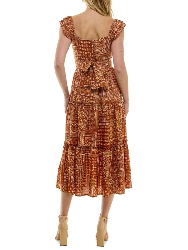 NWT Trixxi Rust Orange Tiered Patchwork-Print Ruffled-Strap Midi Dress Sz Large - Image 3
