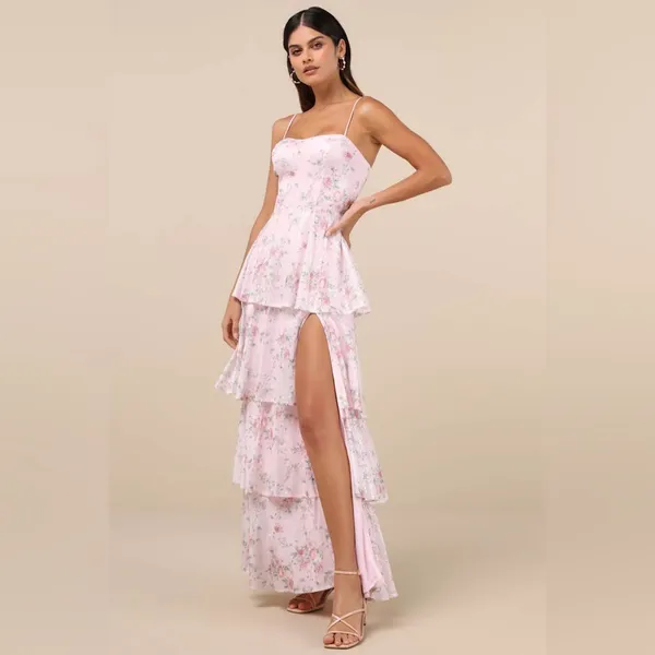 Lulus Flourishing Shine Light Pink Floral Sequin Tiered Maxi Dress Size Large - Image 4