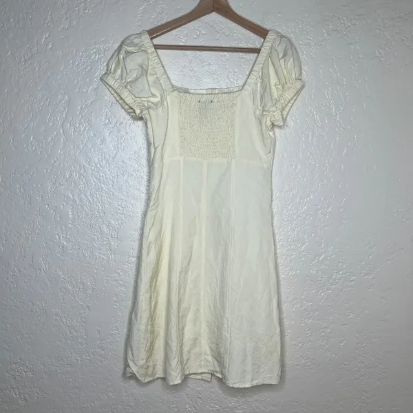 Forever 21 Yellow Linen‎ Blend Puff Sleeve Button Front Mini Dress Small - Image 2