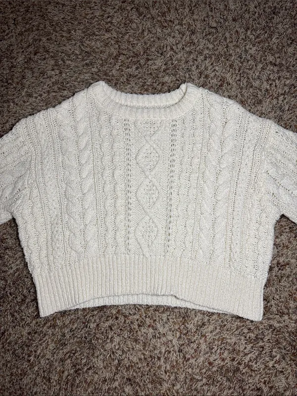 Cropped Cream Cable-Knit Crewneck Sweater - Women - Image 2