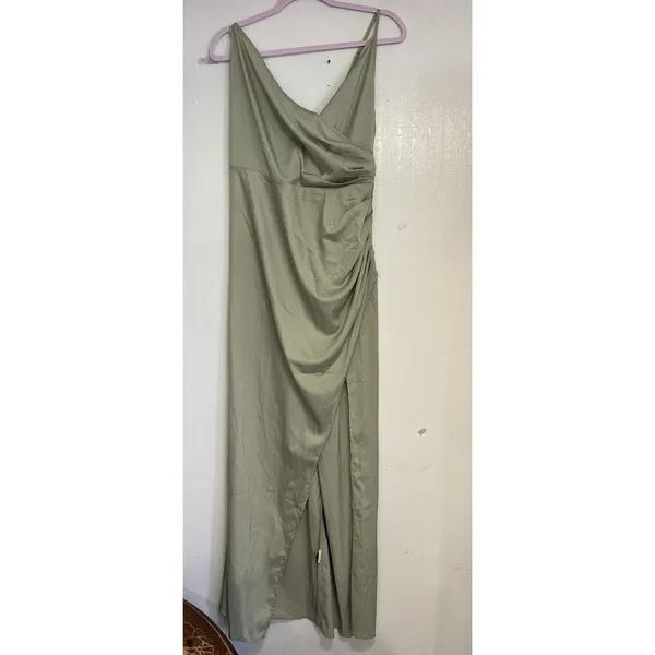 SHEIN BAE Curve Maxi Slip Dress 1XL Plus Green Satin Cowl Neck Ruched Slit - Image 4