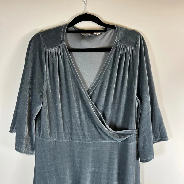 Soft Surroundings Velvet‎ Wrap Maxi Dress Slate Blue Bell Sleeve Size L boho - Image 2