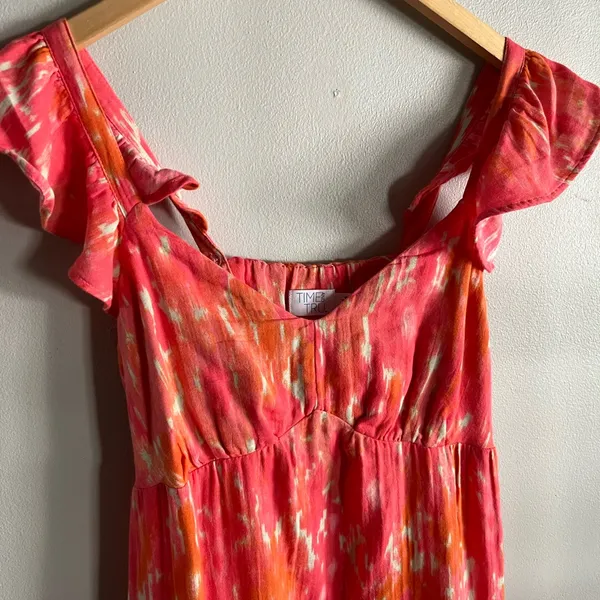Time and Tru Flutter Sleeve Midi Dress Pink Orange Tie Dye Size M Pockets - Image 4