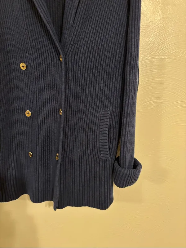 Lauren Ralph Lauren Navy Ribbed Cotton Double Breasted Cardigan M - Image 6