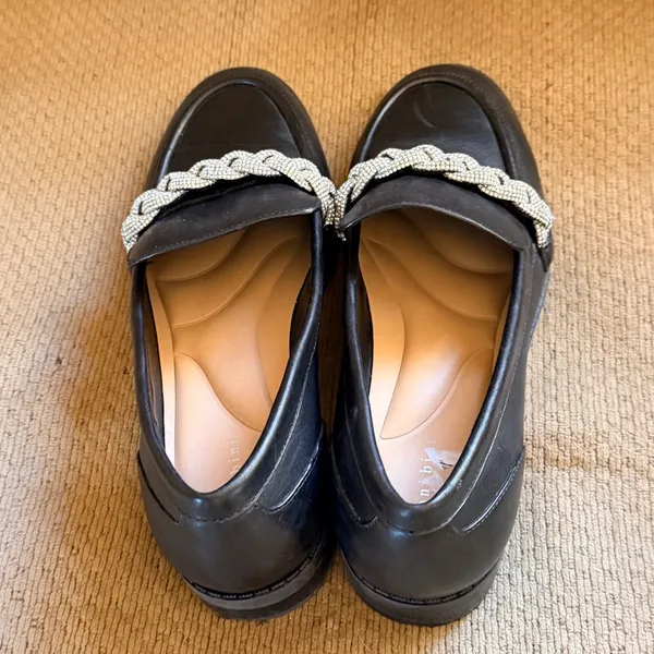 Gianni Bini Black Leather Loafers with Rhinestone Braid Trim - Image 5
