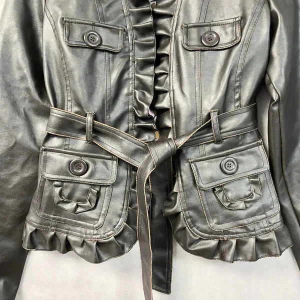 Wet Seal Womens Faux Leather Jacket XL Brown Ruffle Belted Y2K 2000s McBling - Image 4