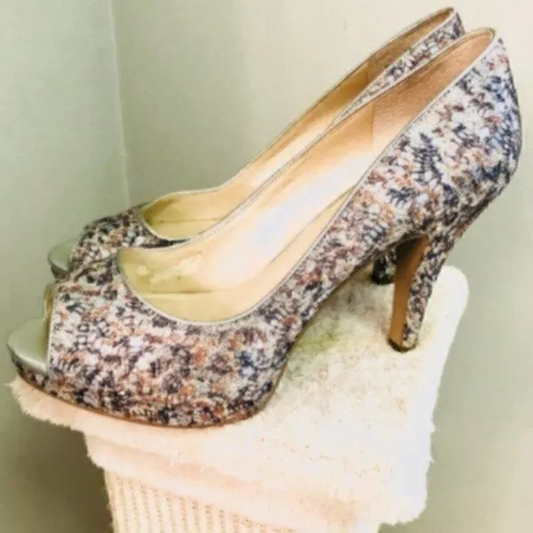 Nine West Metallic Giltter Heels Sparkly Silver Lace Open Toe Evening 7.5 M - Image 6
