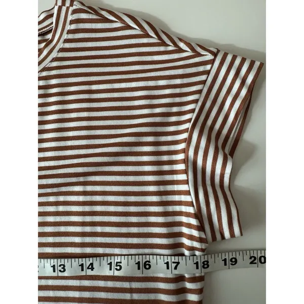 MEROKEETY Striped Sheath T-Shirt Dress M • Brown White • Tie Waist • Summer • NW - Image 7