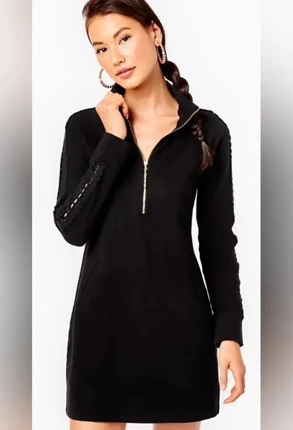 Lilly Pulitzer Skipper Popover Dress Lace Long Sleeves Onyx Size Medium Half Zip - Image 4