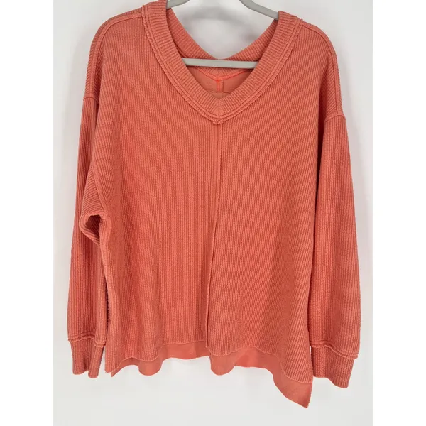 AERIE Wonder Textured V-Neck Sweatshirt Women Small Peach Waffle‎ Knit Oversized - Image 3