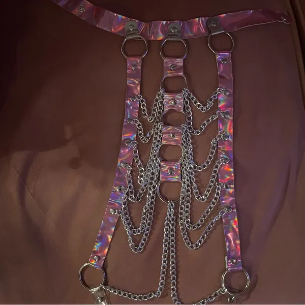 Dolls Kill Pink metallic chain harness and rainbow tube top - Image 2