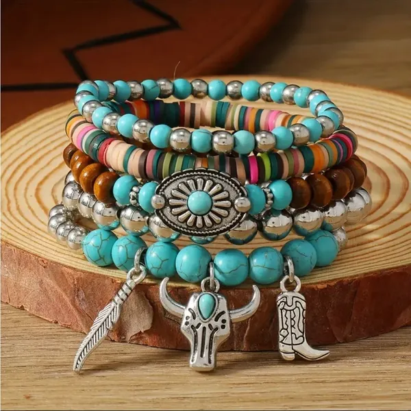 Western Lovely Vibrant Turquoise Stone Beaded Stretch Bracelet Elegant Stackable Brown - Image 2