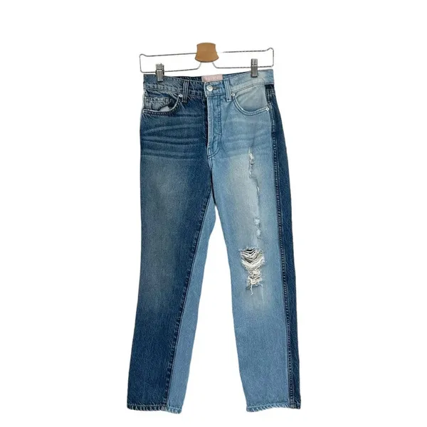 REVICE Two-Tone Yin Yang Distressed‎ Denim High Rise Straight Jeans Size 24 - Image 3
