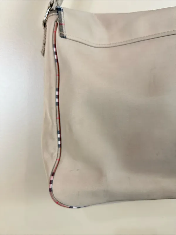 Burberry Fragrance Messenger Bag Tan Beige Plaid Trim Crossbody Adjustable - Image 11