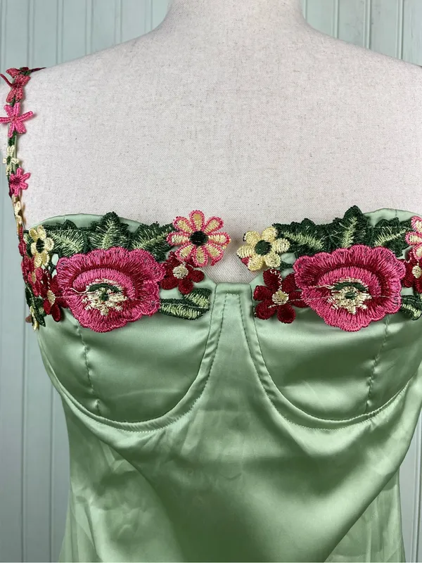 Y2K Fairycore Green Satin Slip Maxi Dress Size Medium Flower Strap Bodycon - Image 6