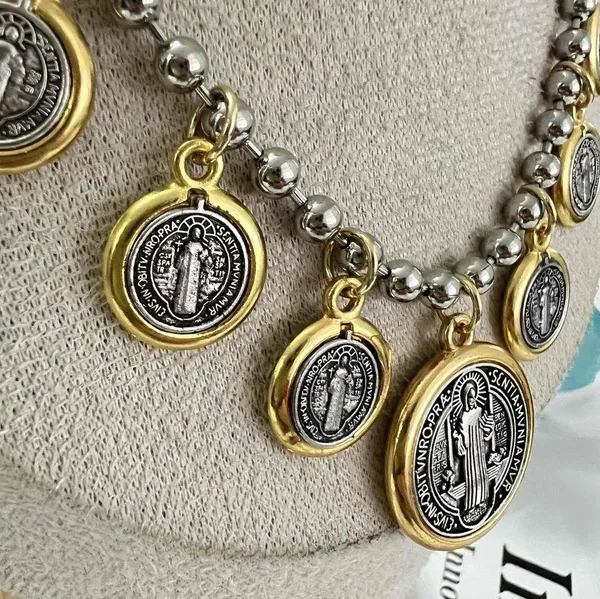 Anthropologie Gold Silver Plated Dangling Coins Necklace Beaded Chain stainless steel jewelry - Image 8