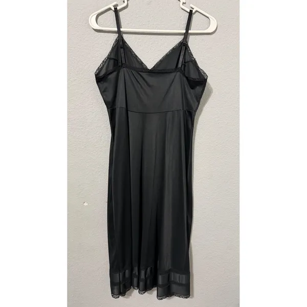Vintage 90s Black Lace Trim Full Slip Dress S Adjustable Straps Midi Length - Image 3