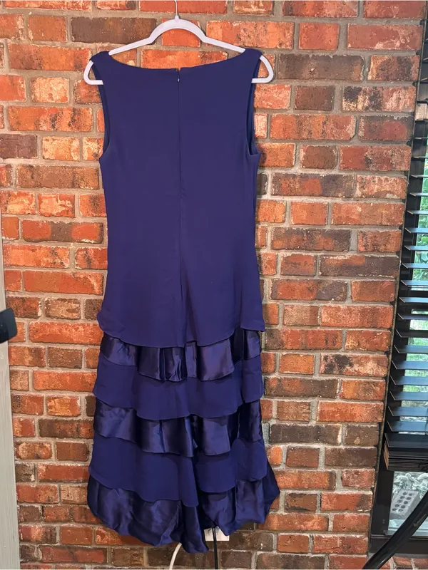 Tadashi Shoji womens tiered ruffled silk ruched broach cocktail dress blue 12 - Image 6