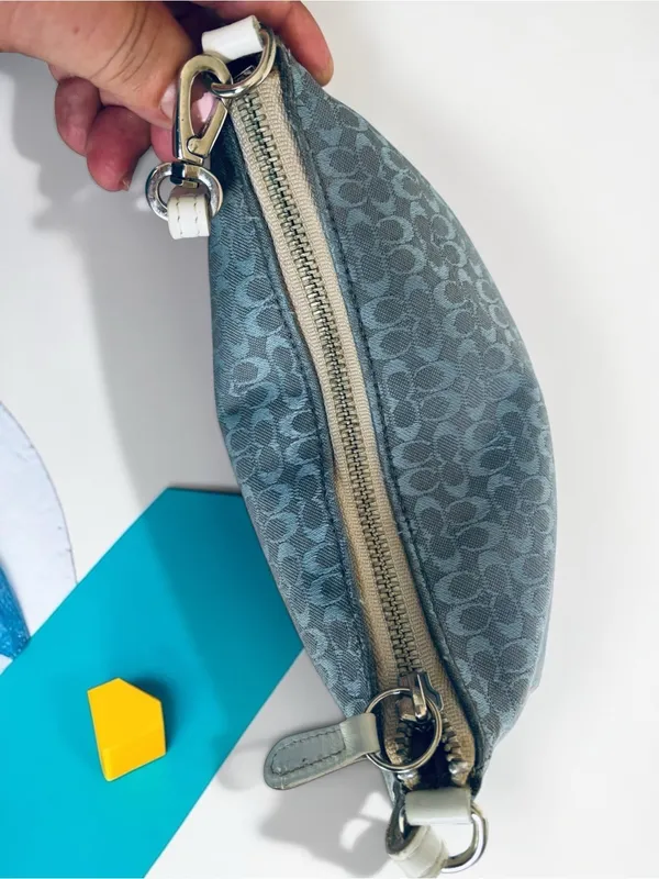 Coach Gray-Blue Signature Jacquard Shoulder Bag with White Trim - Image 9