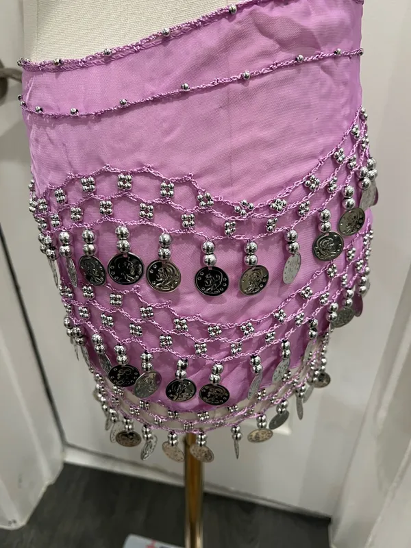 Purple Solid Chiffon Belly Dance Hip Scarf Wrap w/ Silver Coins Tie Size one size - Image 2