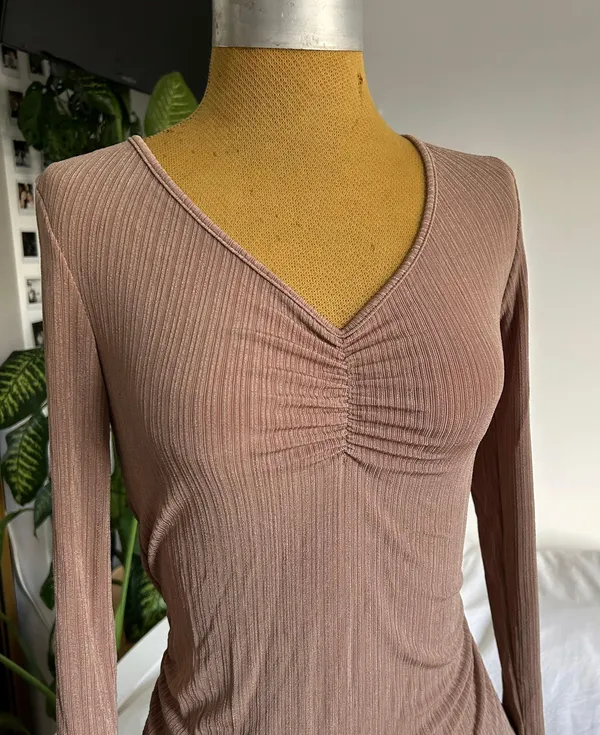 Sinched ribbed long sleeve shirt Tan Size XS - Image 2