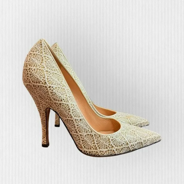 Palter DeLiso Kiss Ivory Heirloom Lace‎ Gold Glitter Pump Size Italy 37 US 6.5 - Image 4